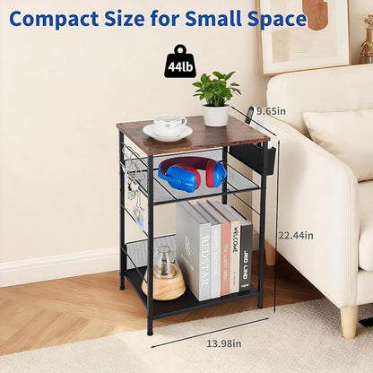 Small Under Desk Storage, Brown Printer Stand with Storage Shelf, 3-Tier Height Adjustable Printer Table with Basket & 3 Hooks for Home Office Fax Machine Scanner Files