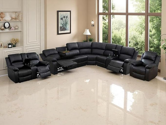 5 Pieces Living Room Furniture Sets, Reclining Sectional Sofa Loveseat and Chair, Black Leather Sectional Manual Recliner Sofa Set with Drop-Down Table, Cup Holders, Storage Console