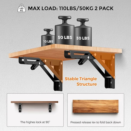 JOY DECOR 8 Inch Heavy Duty Folding Shelf Brackets, 4 Pack (2 Pairs) Collapsible Wall Mounted Brackets for Fold Down Table, Stainless Steel Folding Table Hinge, Matte Black