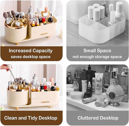 Rotating Makeup Organizer for Vanity with Brush Holder and Drawer, Cosmetic Makeup Storage, Large Spinning Makeup Skincare Organizer, Countertop Makeup Perfume Organizer, Lotions Display Case (Ivory)