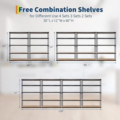Garage Storage Shelves 5 Tiers, Heavy Duty Storage Shelving Racks with 2000 LBS Capacity, 30 in L x 12 in W x 60 in H Metal Adjustable Shelving Unit for Kitchen Pantry Basement Bathroom Laundry