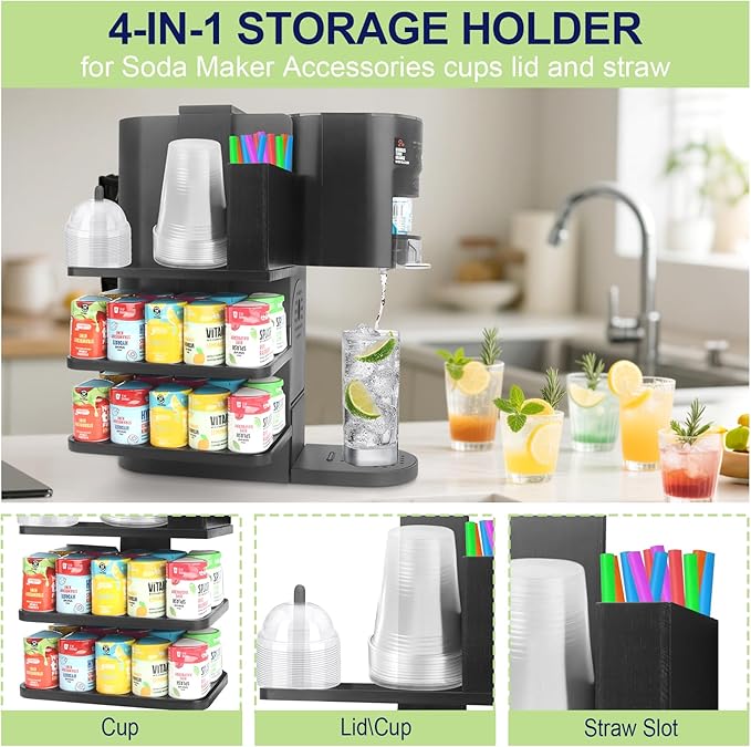 4-in-1 Flavor Pods Holder for Ninja Thirsti WC1001 | 3-Tier Wood Drink Station Accessory Organizer Holds 20 Flavor Pods with Cup, Lid & Straw Dispenser | Syrup Caddy for Ninja Soda Maker (Shelf Only)