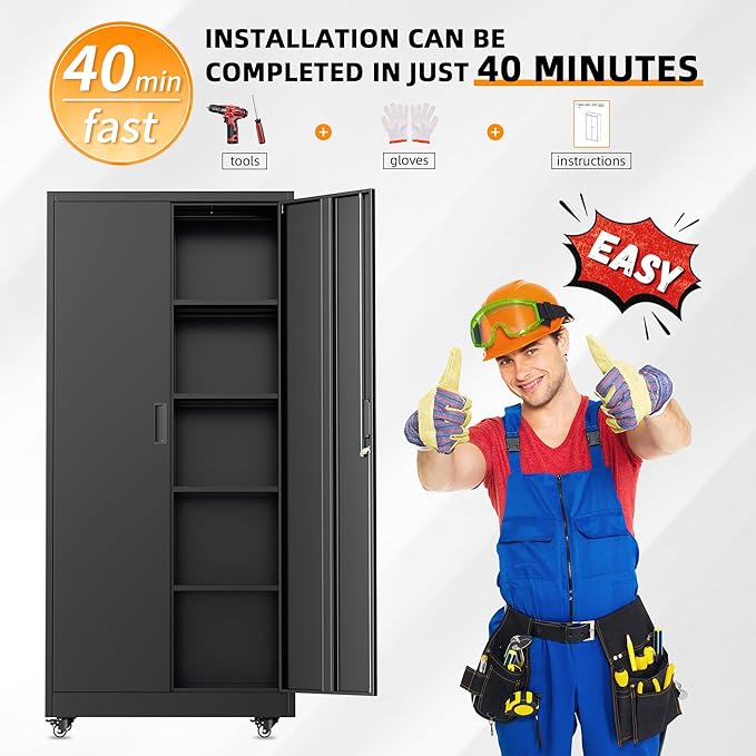 Bonusall Garage Cabinets with Wheels, 73" H Metal Locking Cabinet with 2 Doors and 4 Shelves, Storage Cabinet on Wheels for Home Office,Warehous, School(Black