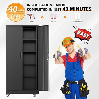 Bonusall Garage Cabinets with Wheels, 73" H Metal Locking Cabinet with 2 Doors and 4 Shelves, Storage Cabinet on Wheels for Home Office,Warehous, School(Black