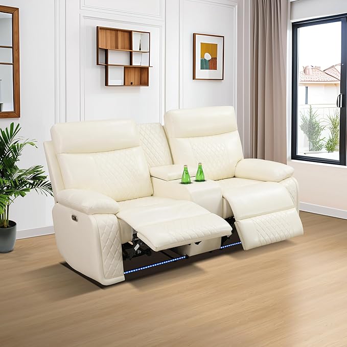 Power Recliner Loveseat Recliner Sofa, Living Room Furniture Sets with LED, Soft Leather Reclining Loveseat with Cup Holders,Hidden Storage,Double Seat Recliner Couch for Living Room,Office