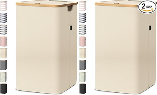 BALEINE Laundry Hamper with Lid, Tall Laundry Baskets with Bamboo Pull Handles, Large Laundry Bin with Internal Support (26 Gal/100L, Beige) (Pack of 2)