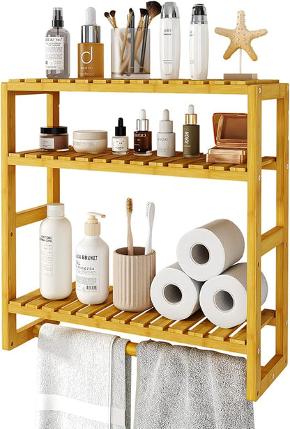 Over The Toilet Storage Bathroom Shelves Wall Mounted 3 Tier Space Saver Corner Shelf Organizer Bamboo Towel Rack Toilet Paper Cabinet with Hanging Rod Yellow