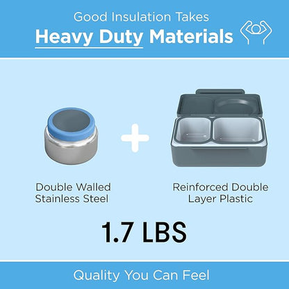 Omie OmieBox UP bento Box for Kids | Insulated Lunch Box | Leak Proof Vacuum Insulated Thermal Food jar | Cooler ice Pack | 2 Compartments (Graphite)