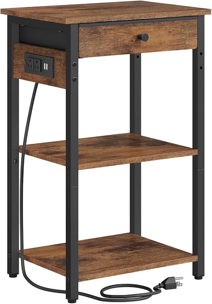 Printer Stand with Charging Station, 3-Tier Under Desk Printer Table, End Table with Storage Shelves for Home Office, Living Room,Bedroom,Bathroom,Brown