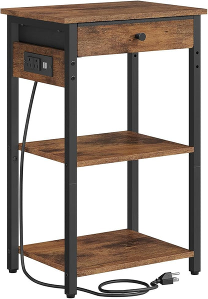 Printer Stand with Charging Station, 3-Tier Under Desk Printer Table, End Table with Storage Shelves for Home Office, Living Room,Bedroom,Bathroom,Brown