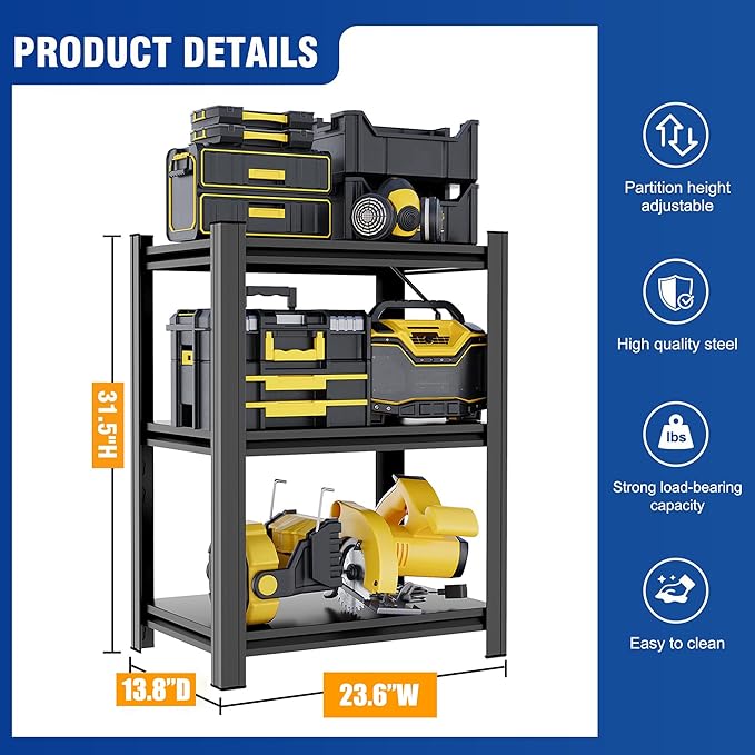 Garage Shelving Heavy Duty Adjustable Storage Shelves Unit,Metal Utility Rack Shelf for Industries, Warehouses, Basement (3-Tier 31.5" Hx23.6 Wx13.8 D)