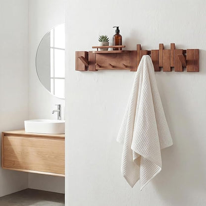 Mid Century Modern Walnut Foldable Entryway Wall Coat Hanger Hook with Shelf,Heavy Duty Wooden Piano Hidden Towel Hooks for Bathroom,Wall Rack for Purse&Key&Mail,Home Decor (Walnut, 9 Hooks)