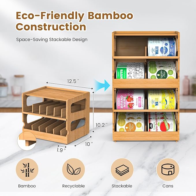 Teamkio Canned Cat Food Organizer, Bamboo Can Organizer for Pantry, 2 Tier Stackable Can Storage Rack Ideal for 36 Cans Wet Cat Food Organizer (FIFO)