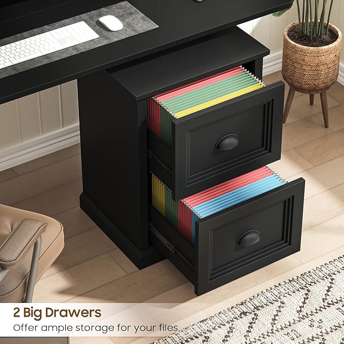 Vertical File Cabinet, Filing Cabinet with 2 File Drawers, Farmhouse Small File Cabinet Fits Letter/A4 Size, Wooden Printer Stand, Under Desk Cabinets for Home Office, Black