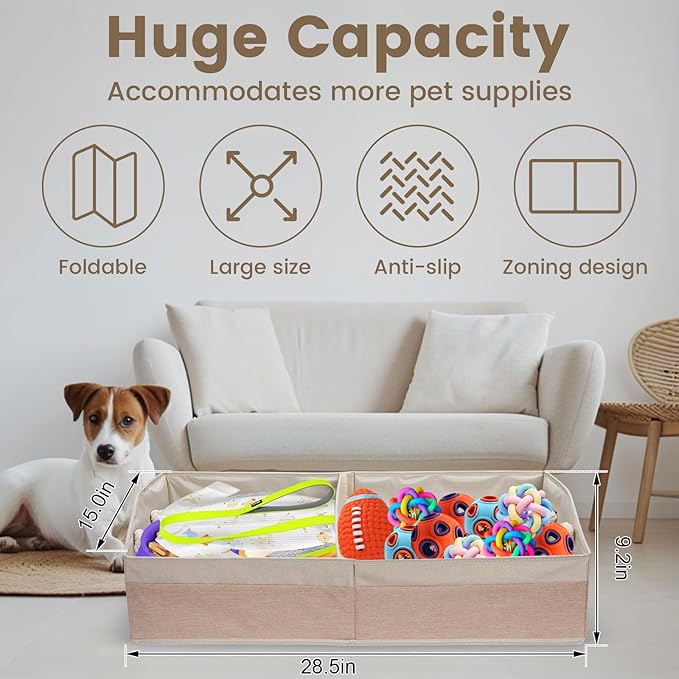 Large Dog Toy Basket With Handle, Foldable Dog Toy Box for Living Room Area, 28.5" Basket for Toy, Clothes, Organizers and Storage with Hard Board, Anti-slip for Pet Toys (Beige, Large)