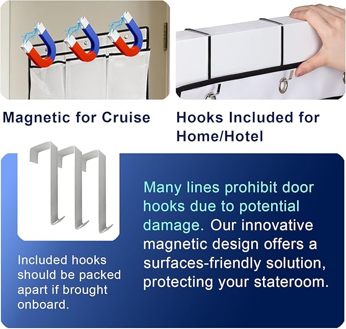 Magnetic Cruise Door Organizer – 13-Pocket Hanging Storage with 2 Large Shoe Pockets, No Hook Needed, Includes 3 Bonus Hooks, 2025 2026 Cruise Ship Essentials for Cabin, Bathroom, or Closet Use