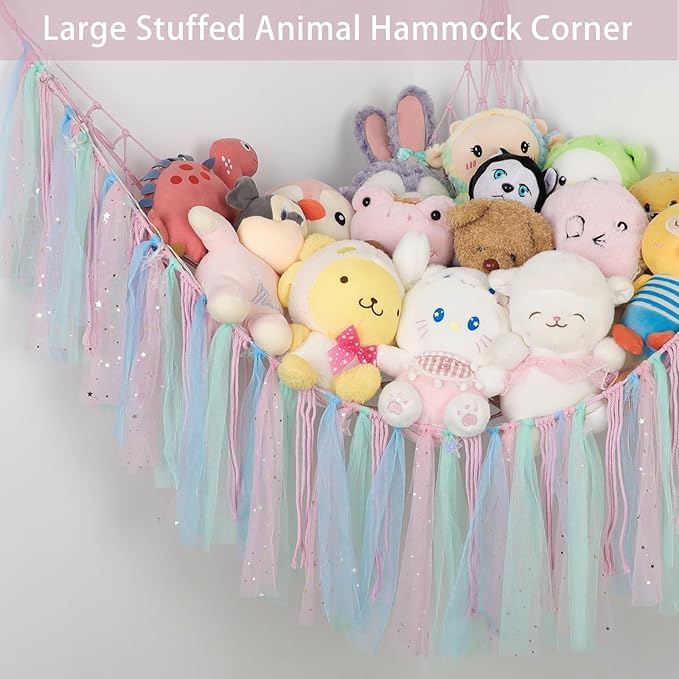 Stuffed Animal Hammock with LED Lights - 59 Inch Large Toy Storage Net for Kids Bedroom, Wall-Mounted Plush Organizer with Wooden Rings, Nursery Decor (Handwoven, Pink)