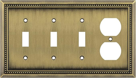 Henne Bery Sunken Pearls Heavy Duty Decorative Wall Plate Switch Plate Outlet Cover (Triple Toggle/Single Duplex, Antique Brass)