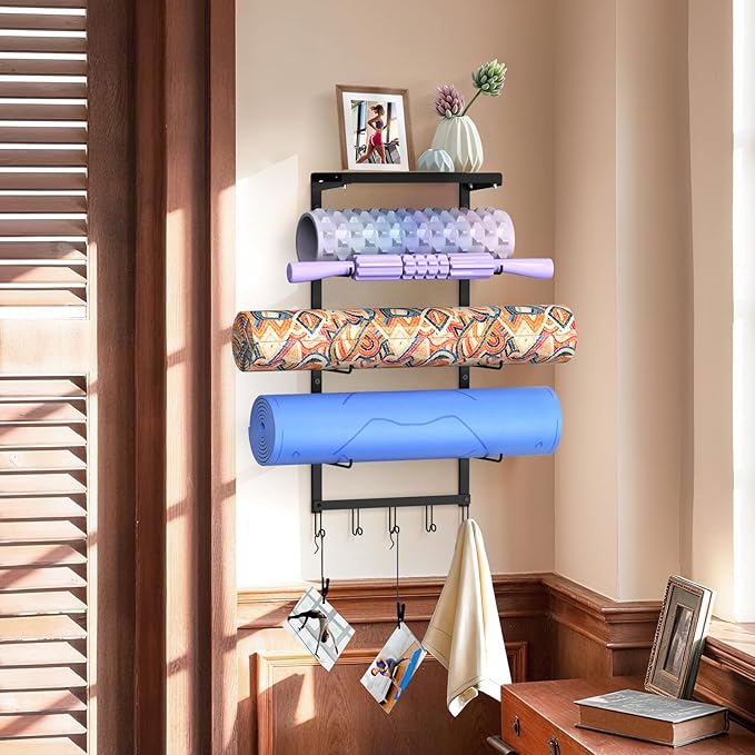 Yoga Mat Holder Wall Mount Organizer - 4-Layer Suspension System for Home Gym, 14" x 7.9" x 29.5" Black Iron Shelf with Strap for Yoga Sets, Carrier, Wall Art, Kit for Women