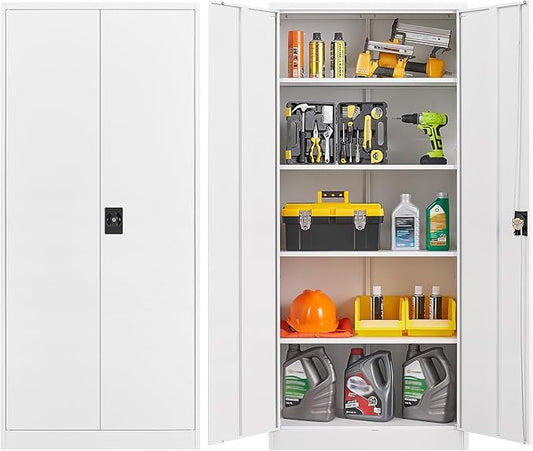 Metal Cabinet,71" Lockable Storage Cabinet with 2 Doors and 5 Adjustable Shelves,Tall Steel Cabinets for Garage,Home Office,Basement,School,Hospital(White)