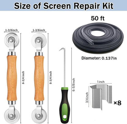 King&Charles Window Screen Door Repair/Replacement Kit, Include Black Screen Mesh 48"x118"+ 2 Roller+50Ft Spline+8Clips+Hook, 6 in 1 Window Mesh Kit, Steel/Nylon Bearing Roller