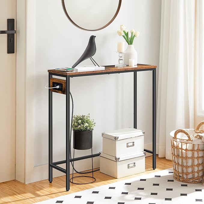 HOOBRO Narrow Console Table with Power Outlets, 29.5" Small Entryway Table with Charging Station, Thin Sofa Table, Side Table, for Hallway, Bedroom, Living Room, Rustic Brown and Black BF75UXG01
