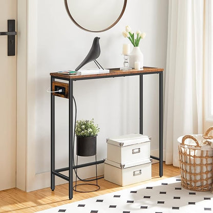 HOOBRO Narrow Console Table with Power Outlets, 29.5" Small Entryway Table with Charging Station, Thin Sofa Table, Side Table, for Hallway, Bedroom, Living Room, Rustic Brown and Black BF75UXG01