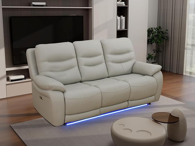 Breathing Leather Power Reclining Sofa, Living Room Furniture Sets, Light Grey Power Recliner Sofa Couch with 2 Recliner Seats/Cup Holders/LED Light/USB Port for Living Room, Office, Rv Car