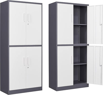 Yizosh Metal Storage Locking Cabinet with 4 Doors and 2 Adjustable Shelves,71" Lockable Garage Tall Steel Cabinet,for Home Office,Living Room,Pantry,Gym,Commercial Storage (Gray White)