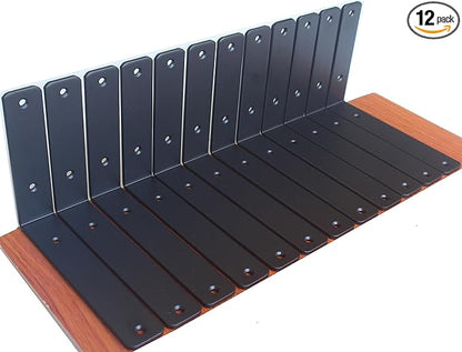 12 Pack - L 8" x H 6" x W1.5, 5mm Thick Black L Shelf Bracket, Iron Shelf Brackets, Metal Shelf Brackets, Floating Shelf, Shelf Supports with Screws