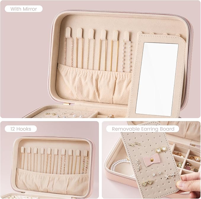 Lolalet Travel Jewelry Case for Women Girls, Travel Jewelry Organizer Box with Mirror & Clear Storage Bag, Small Portable Earring Necklace Bracelet Ring Case, Birthday Valentine Gifts -Medium, Pink