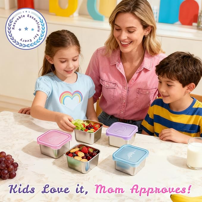 6-Pack Small (6 oz) Stainless Steel Snack Containers for Kids, Easy-Open Toddler Snack Containers with Lids - Cute Dinosaur Small Stackable Metal Lunch Box for Daycare, School, Travel
