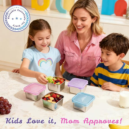 6-Pack Small (6 oz) Stainless Steel Snack Containers for Kids, Easy-Open Toddler Snack Containers with Lids - Cute Dinosaur Small Stackable Metal Lunch Box for Daycare, School, Travel