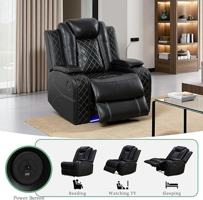 Living Room Furniture Sets, Black Air Leather Power Recliner Sofa Set with USB Port, Breathing Leather Power Reclining Sofa Set with Storage Console/LED Light for Living Room, Home Theater