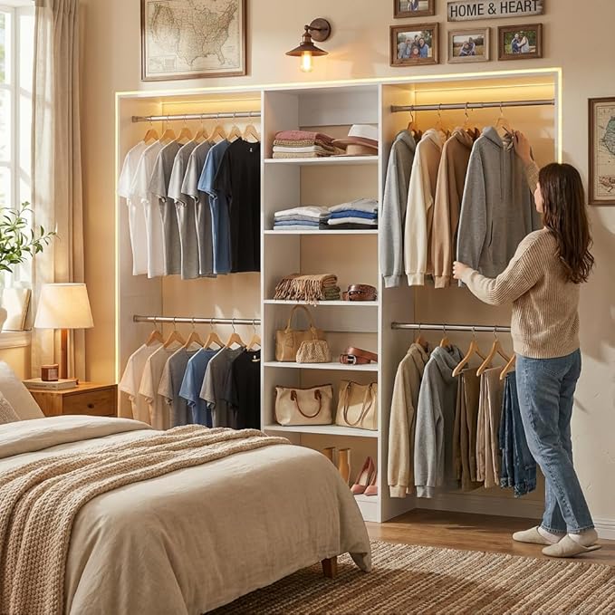 Homieasy White Wooden Closet System, 4.5-10ft Expandable Closet Organizer with 5 Hanging Rods & 4-Tier Shelving Tower, Adjustable Walk-in Reach-in Wardrobe Storage Solution for Bedroom