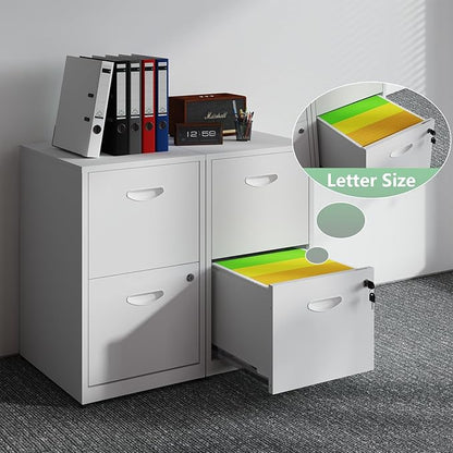 2 Drawer File Cabinet with Lock, White Filing Cabinets for Home Office, Metal Locking File Cabinet with Two Drawers, Light Duty File Storage Cabinet for Letter Size - Assembly Required
