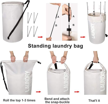 WOWLIVE Extra Large Foldable Laundry Bag Laundry Basket Collapsible Laundry Hamper Backpack Liner Dirty Clothes Hamper Standing Waterproof Hampers for Dorm Room (Beige)