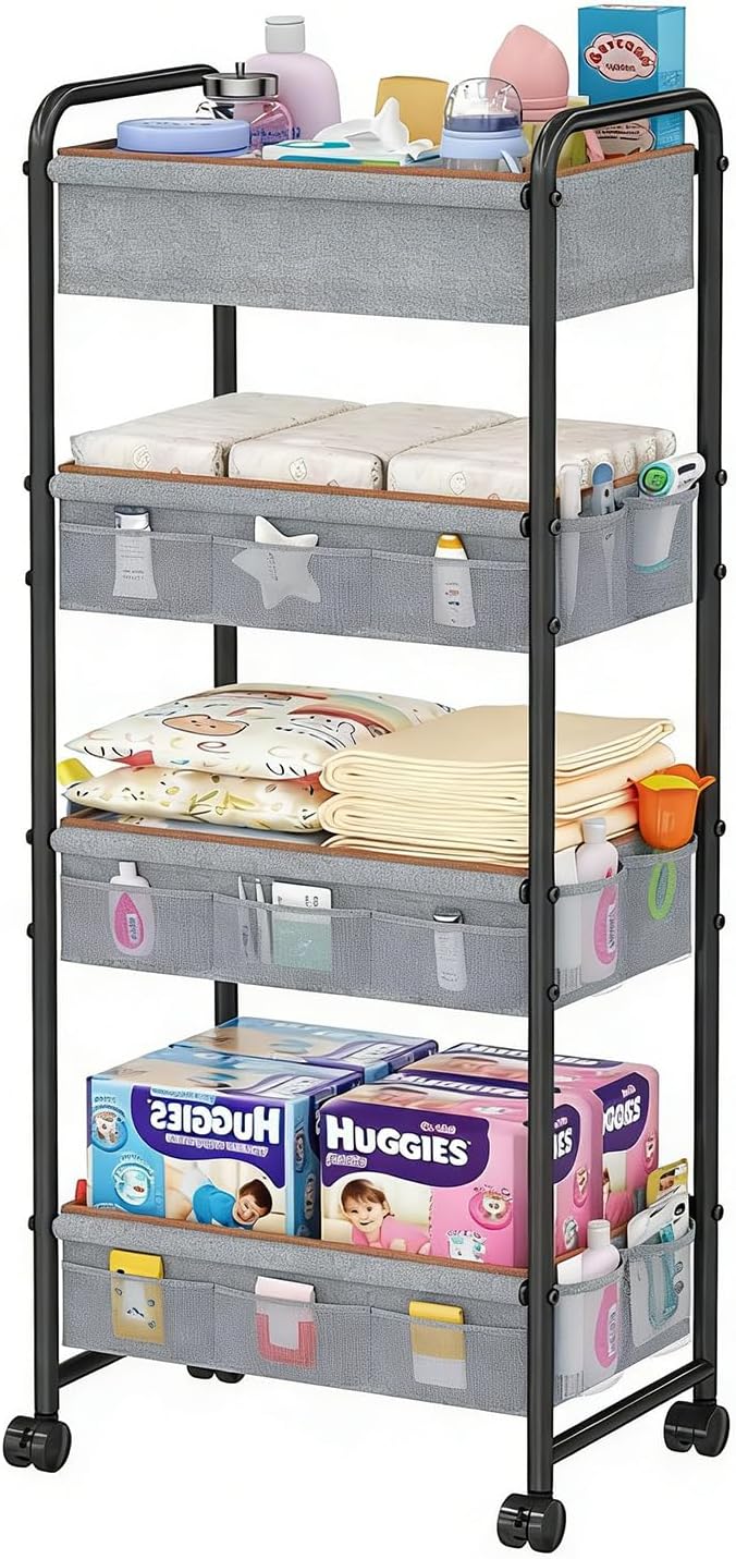 4-Tier Rolling Sorage Cart,Baby Diaper Caddy Organizer, Nursery Baby Storage with Wheels, 2 Dividers & 21 Pockets，Metal Utility Cart for Nursery, Crib, Bedroom, Art & Craft Organizers