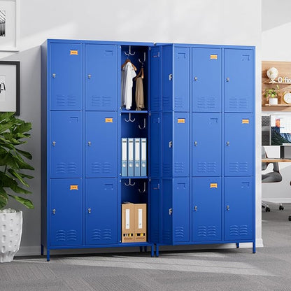 Aobabo New 9 Doors Metal Storage Locker for Employees, Lockable Steel Locker with Name Card Slot and 27 Hooks for School Office Gym Garage, Blue, Assembly Required