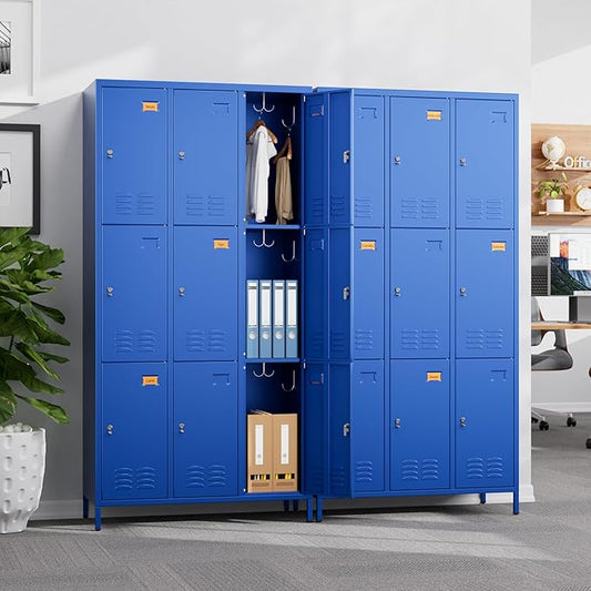 Aobabo New 9 Doors Metal Storage Locker for Employees, Lockable Steel Locker with Name Card Slot and 27 Hooks for School Office Gym Garage, Blue, Assembly Required