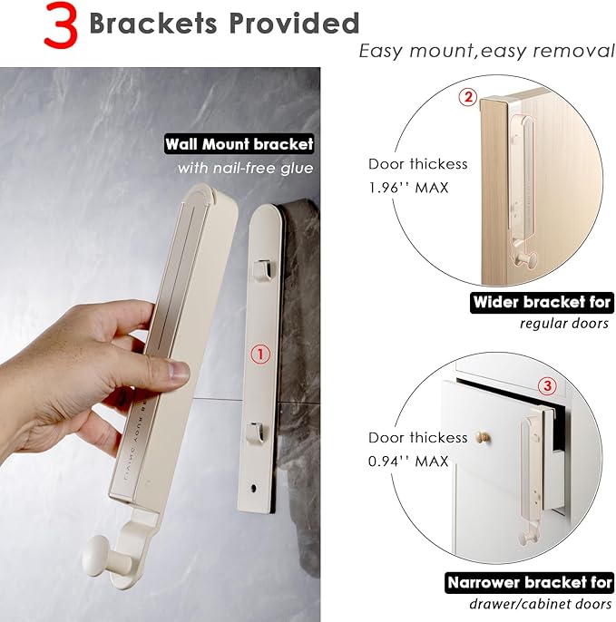 Folding Clothes Drying Rack with 3 Brackets for Over The Door and Wall Mount, All Metal Laundry Dryer Rack with Retractable Rod for Towel, Fit Doors Thickness from 0.59in to 1.96in (Cream White)