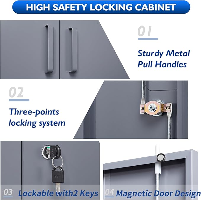 Metal Storage Cabinets with Locking Doors & 2 Adjustable Shelves, Lockable Steel Office Cabinets, Counter Caninet Small Locking Cabnet Locked Tool Cabnets for Home, Office, Garage, Hallway