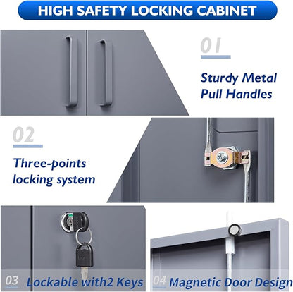 Metal Storage Cabinets with Locking Doors & 2 Adjustable Shelves, Lockable Steel Office Cabinets, Counter Caninet Small Locking Cabnet Locked Tool Cabnets for Home, Office, Garage, Hallway