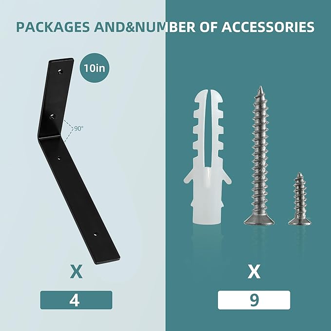 HEART ART 4 Pack Shelf Brackets 10 inch,L Brackets for Shelves,Black Heavy Duty Metal Shelf Brackets,10”x6”x1.5”