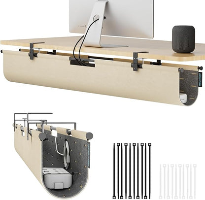 No Drill Under Desk Cable Management Tray, 45.2" Large Felt Cord Organizer with Pegboard-Style Design, Power Strip Holder, Privacy Panel for Standing Desk & Home Office, Clamp/Screw Mount (Khaki/Gray)