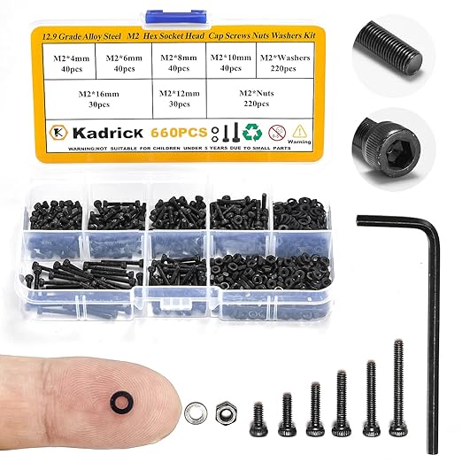Kadrick Metric Screw Assortment, 660 Pcs M2 Screws, M2*4mm/6mm/8mm/10mm/12mm/16mm,12.9 Grade Alloy Steel, Metric Hex Socket Head Cap Screws Nuts Washers Kit, Black Zinc Plated Anti Rust Upgrade