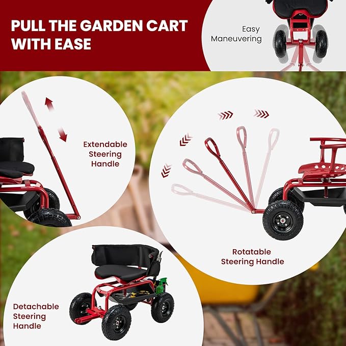 Giantex Rolling Garden Cart, 360 Swivel Workseat with 4 Wheels, Removal Cushion & Tool Tray, Storage Basket, Gardening Wagon Scooter with Adjustable Height, Handle (Red)