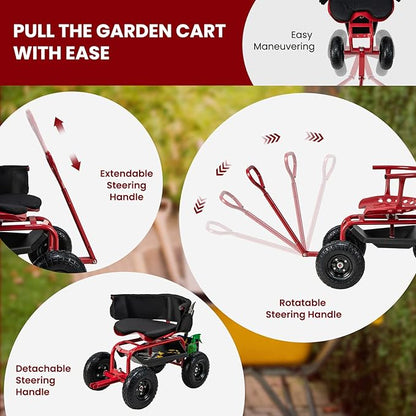 Giantex Rolling Garden Cart, 360 Swivel Workseat with 4 Wheels, Removal Cushion & Tool Tray, Storage Basket, Gardening Wagon Scooter with Adjustable Height, Handle (Red)