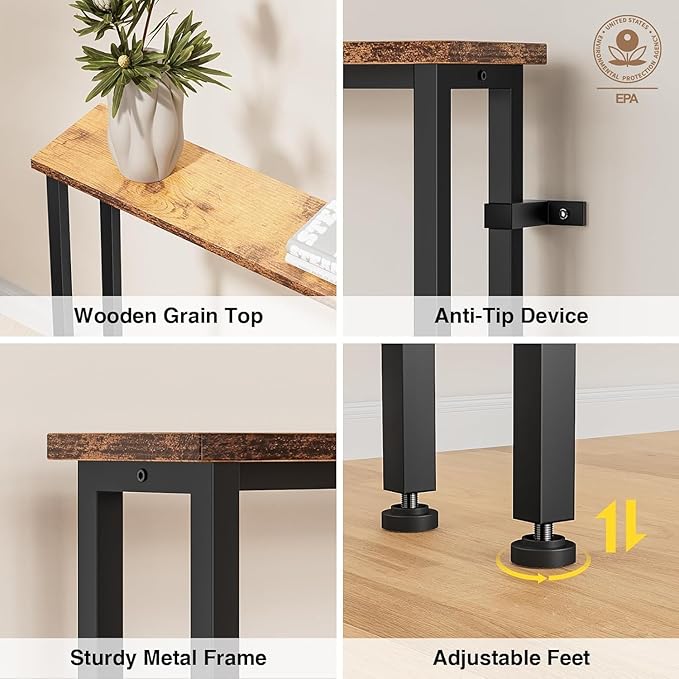102" Narrow Console Sofa Table - 2 Power Outlets & 4 USB Ports, Metal Frame, Rustic Brown, Perfect for Hallway, Office, and Behind Sofa - Easy Assembly, 4.9' Extension Cord Included