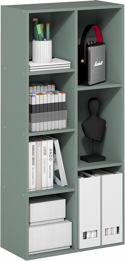 Furinno LUDER Book Shelf, 7-Cube Bookshelf, Bookcase, 9.4" x 19.5" x 41.7", for Living Room, Bedroom, Home Office, Sage Green